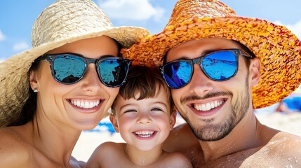 Obraz premium Happy Family Summer Vacation Beach Photo Portrait of Parents and Son with Sunglasses and