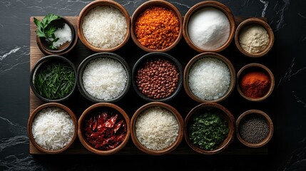 An artistic arrangement of diverse spices and grains displayed on a wooden tray, providing a rich tapestry of colors and textures from culinary treasures.