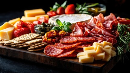 A vibrant cheese and charcuterie board enriched with fresh berries, herbs, and gourmet meat, presenting a visual feast and blend of flavors for any occasion.