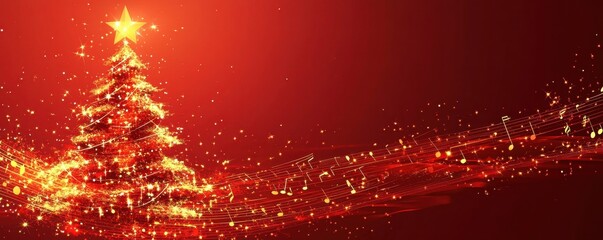 Sparkling Christmas tree with music notes in festive red background creating a magical holiday atmosphere