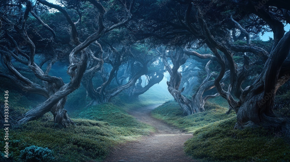 Poster A misty path winds through a dense forest of twisted trees, creating an eerie and mystical atmosphere.