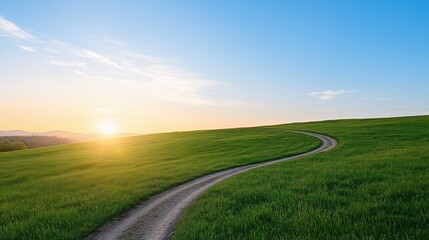 Fototapeta premium A winding path through a lush green field under a clear blue sky at sunset.