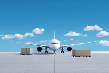 Cargo plane with boxes on runway, clear blue sky background.