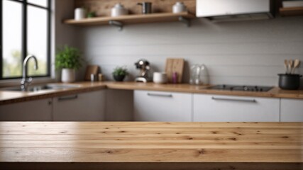 wooden dining table for product presentation in a home kitchen or restaurant with simple wallpaper