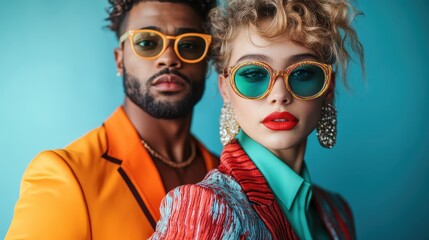 A fashionable couple poses confidently in vibrant, matching outfits with bold sunglasses, standing close against a bright background, exuding modern chic style.