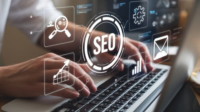Hands typing on a laptop with SEO icons floating, digital marketing concept.