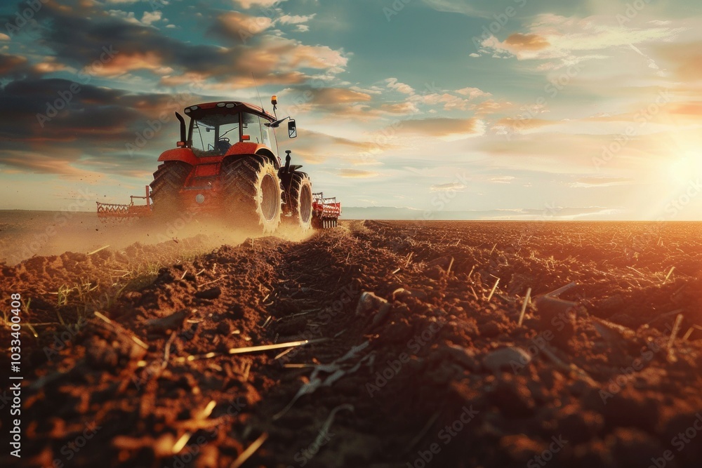 Poster red tractor is plowing a field at sunset creating a large dust cloud