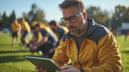 A coach studies strategies on a tablet while players practice in the background, highlighting modern approaches to sports training.