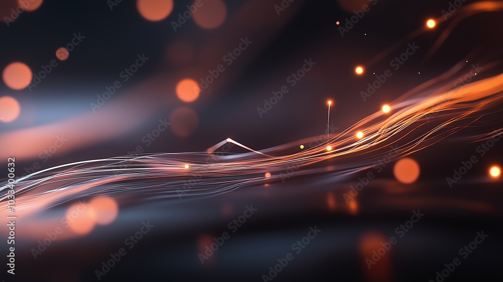 Poster abstract tech background in the form of blue waves, consisting of a large number of digital connecti