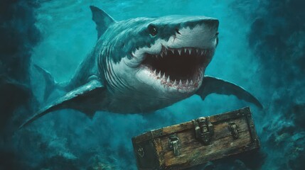 Fototapeta premium A fierce shark encounters a treasure chest in the depths of the ocean, showcasing underwater adventure and marine life.