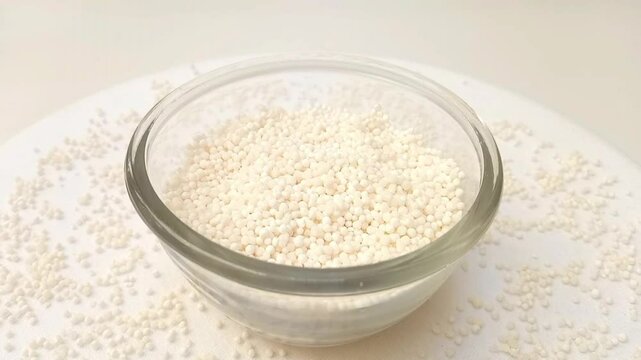 Sago pearls or tapioca pearls in a glass bowl spices spilled around it, rotating on white background, center frame, zooming in, close up, herbs and spices