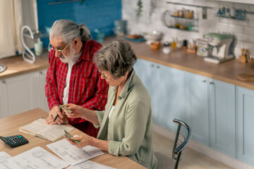 in bright kitchen an elderly cute couple at the table count their expenses monthly payment summing up the results of the year utilities count monthly survival count money