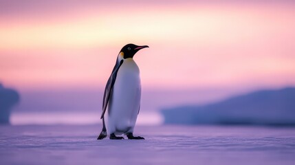 Fototapeta premium A majestic penguin stands against a stunning purple sunset, showcasing the beauty of nature in a serene polar landscape.