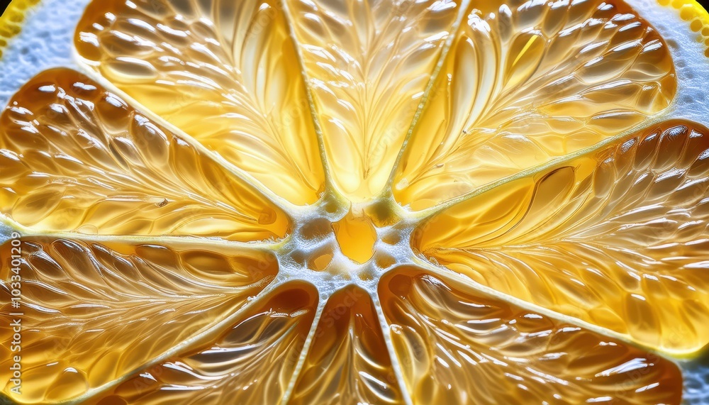 Poster High-Definition Macro Shot of a Glowing Citrus Slice Showcasing Intricate Pulp Structure and Translucent Fibers in Vivid Detail. Perfect for Wellness, Nutrition, and Organic Food Campaigns