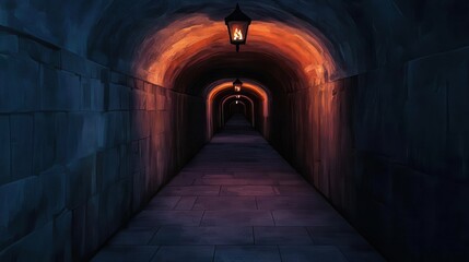 Fototapeta premium A dimly lit tunnel featuring stone walls, glowing lanterns, and a mysterious atmosphere, perfect for evocative storytelling.