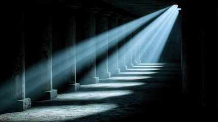 Sunbeams Through Pillars in Dark Hallway   Architectural Photography
