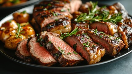 Grilled meat garnished with rosemary on a black plate, served with roasted potatoes, creating a rustic and hearty meal perfect for any gourmet enthusiast.