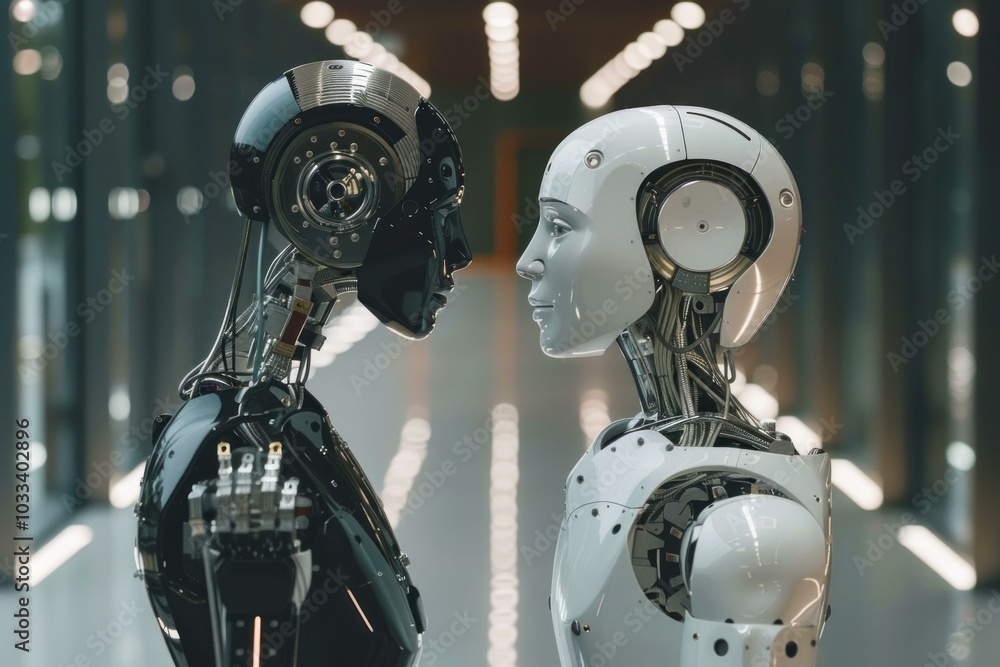 Poster two robots standing face to face in a futuristic laboratory