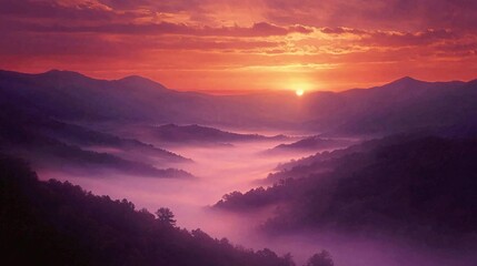 Naklejka premium Vibrant sunrise over misty Appalachian valleys and peaks