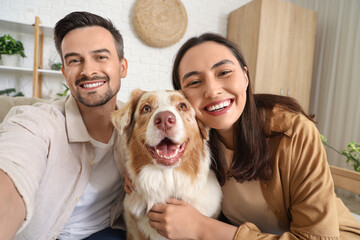 Young couple with Australian Shepherd dog taking selfie at home, closeup