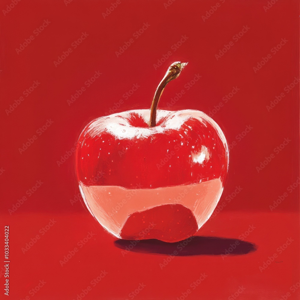 Poster a single red apple on a red background. the apple is reflecting the background, creating a mirrored 