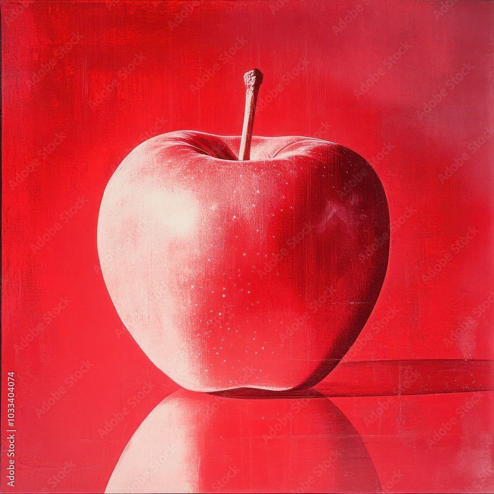 Poster a single red apple with a stem sits on a red surface, casting a reflection.