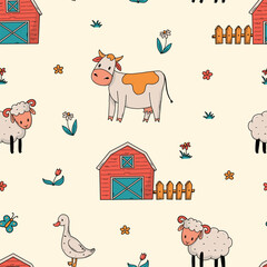 Farm animals and barns seamless pattern for nursery prints, wallpaper, backgrounds, scrapbooking, stationery, wrapping paper, textile, kitchenware, etc. EPS 10