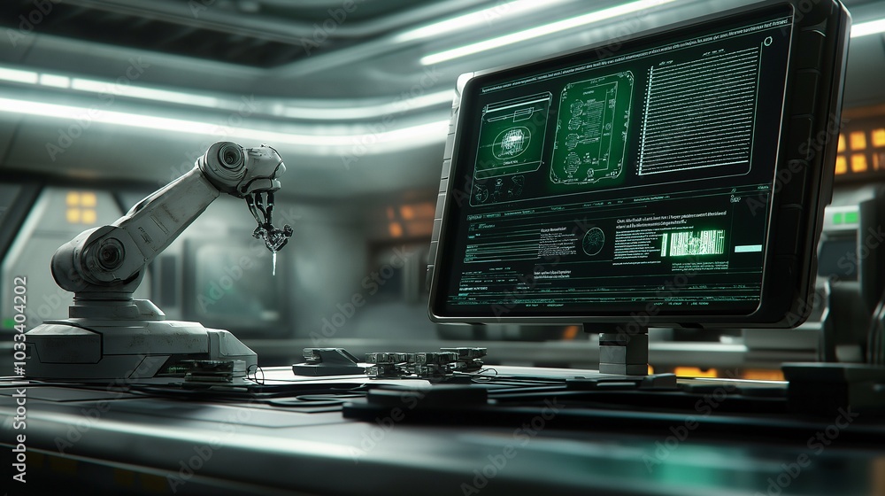 Poster futuristic tech lab: a sleek robotic arm reaches out towards a computer screen, displaying complex d