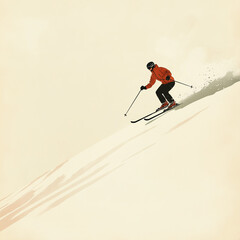 A skier in an orange jacket gracefully descends a snow-covered slope on a clear winter day in a mountain resort area