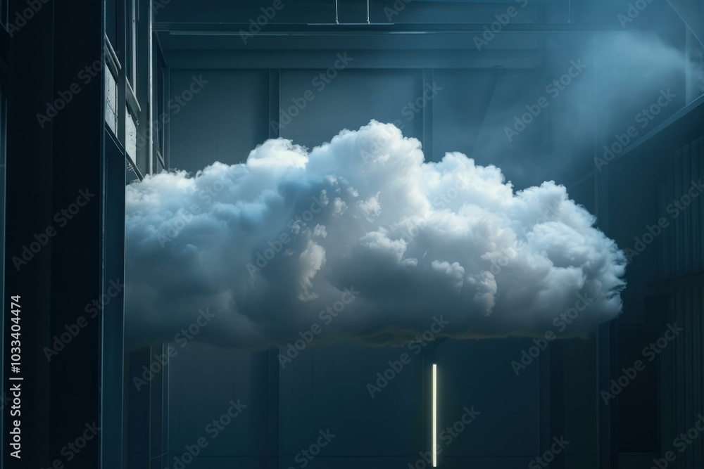 Poster white cloud floating inside a dark server room, representing the concept of cloud computing