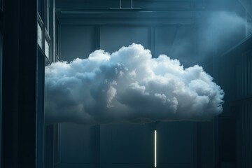 White cloud floating inside a dark server room, representing the concept of cloud computing