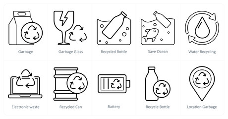 A set of 10 Ecology icons as garbage, garbage glass, recycled bottle
