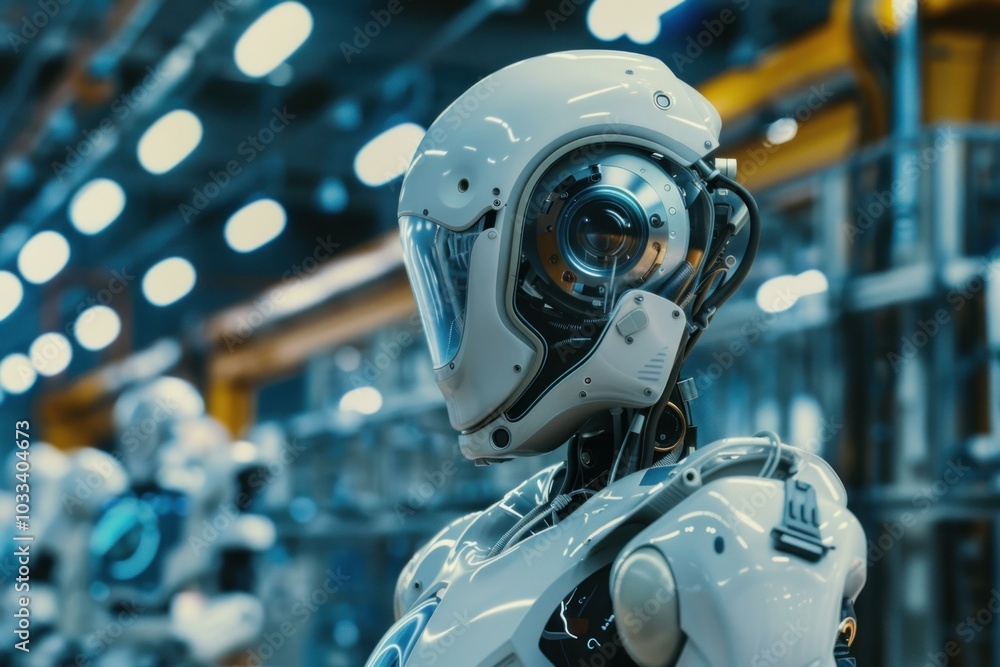 Poster white humanoid robot is standing in profile in a factory setting with other robots out of focus in t