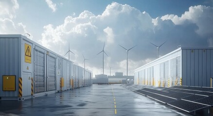 Obraz premium Solar panels and wind turbines in an industrial area with cloudy skies, representing clean energy solutions for sustainable power and environmental conservation efforts