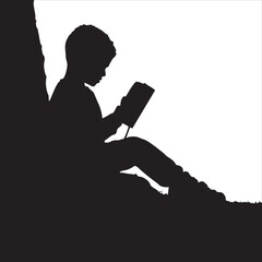 Silhouette of a child reading a book against a bright sky, evoking imagination and focus.