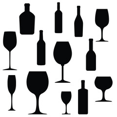 Silhouette Vector Illustration of Wine Glass and Bottle