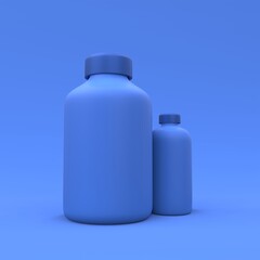 Medicine plastic bottles on a the blue background. Medicine package design. 3d illustration.
