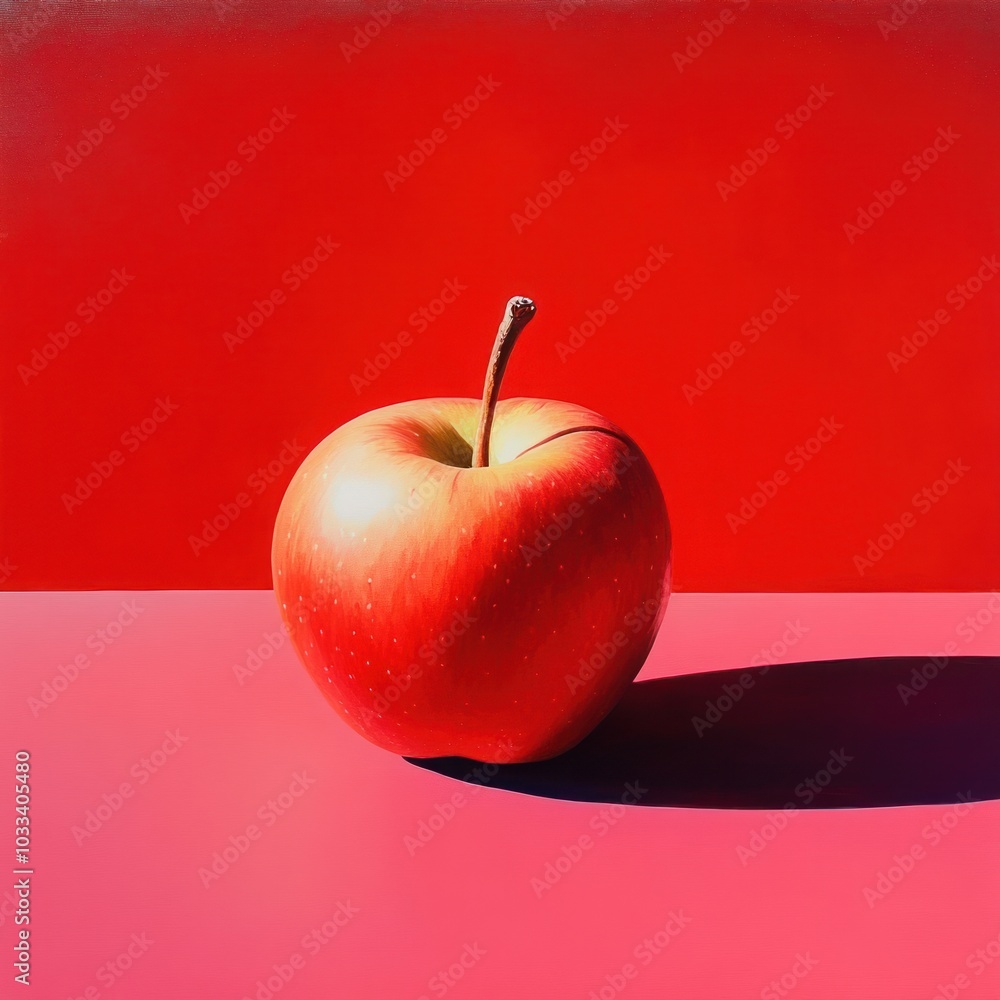 Poster a single red apple sits on a pink surface with a red background, lit by a soft light, casting a shad