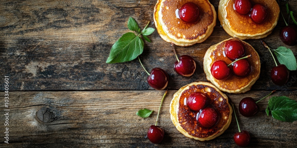 Poster tiny pancakes are a trendy food. mini pancakes topped with cherries and honey on a rustic wooden tab