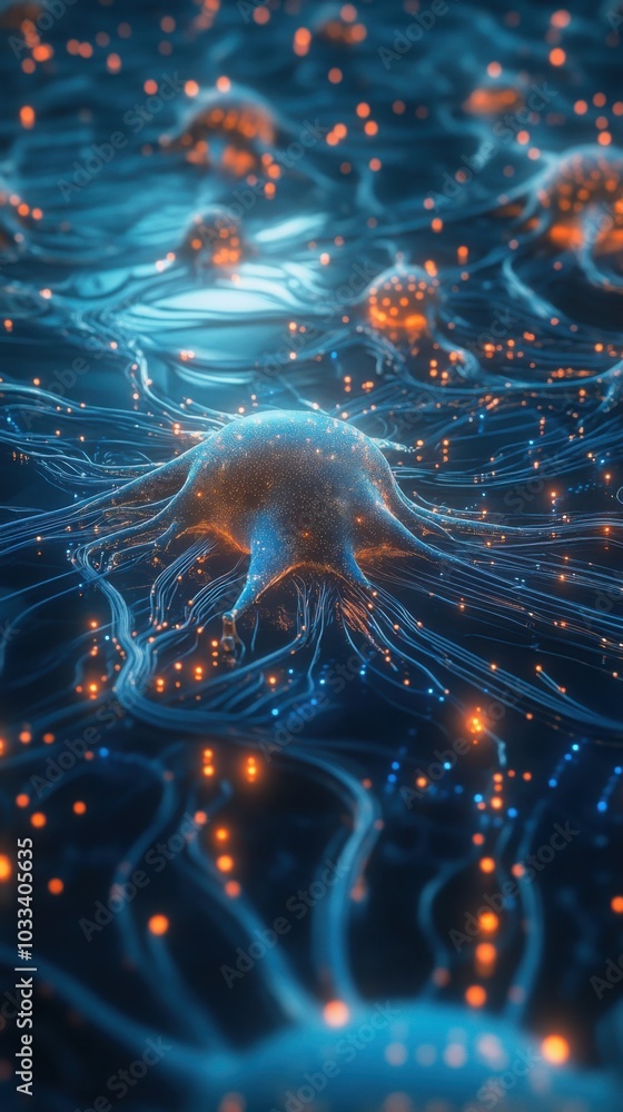 Poster a close-up of neurons intertwining with circuits, blending organic and digital elements