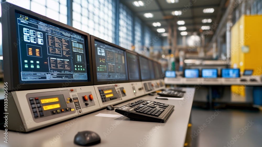 Poster industrial control room: high-tech monitoring station with multiple screens displaying complex data,