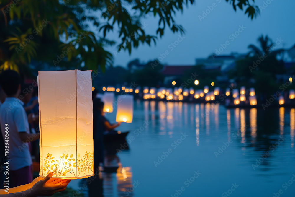 Sticker Dusk Lantern Lighting at Buddhist Festival by the River  