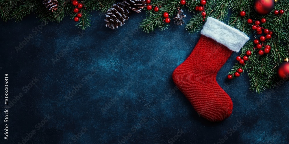 Aufkleber dark christmas backdrop featuring a christmas sock. top view with copy space.