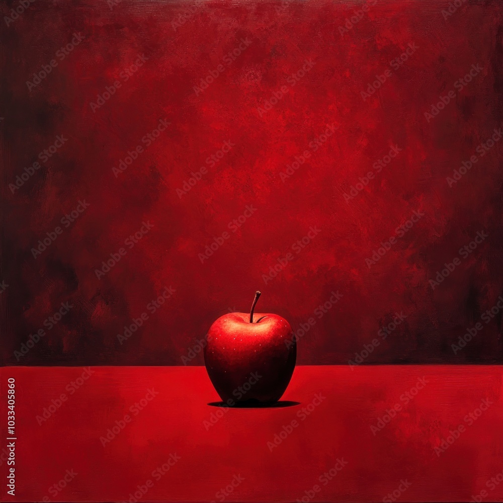 Poster a single red apple sits on a red surface against a textured red background.