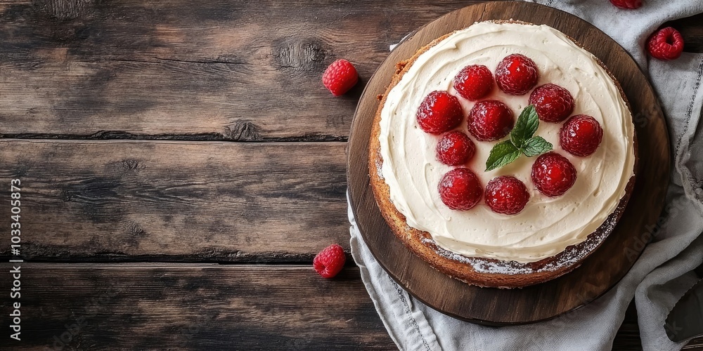 Poster sweet cake as a dessert idea on a rustic backdrop with copyspace.