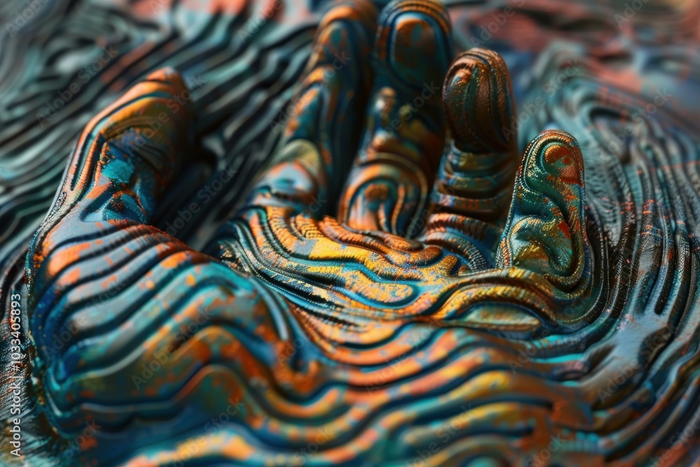 Poster abstract 3d rendered image of a hand sculpture, featuring a colorful and textured wavy pattern