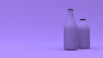 Two bottles on the purple background with floating spheres. Package design. 3d illustration.