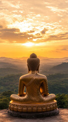 Fototapeta premium Majestic Golden Buddha Overlooking Valley at Sunset 