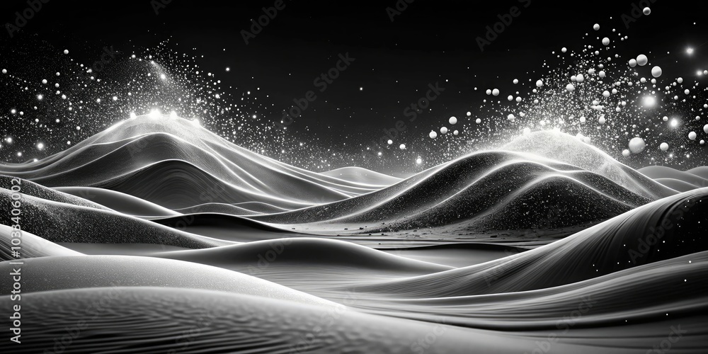 Poster abstract black and white landscape with moving particles, dynamic textures, and fluid motion in natu