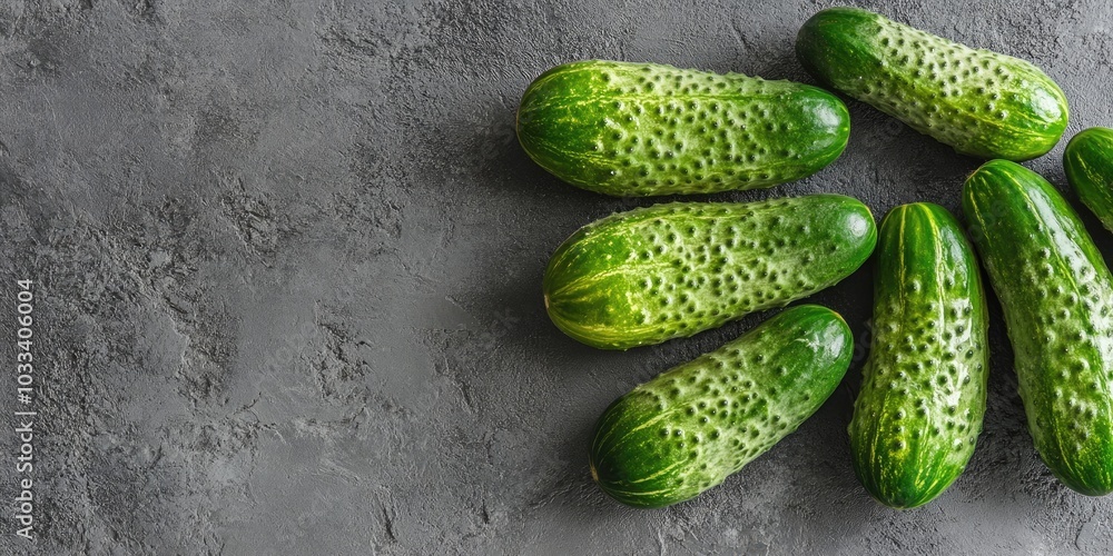 Poster pickled cucumbers on a gray backdrop.